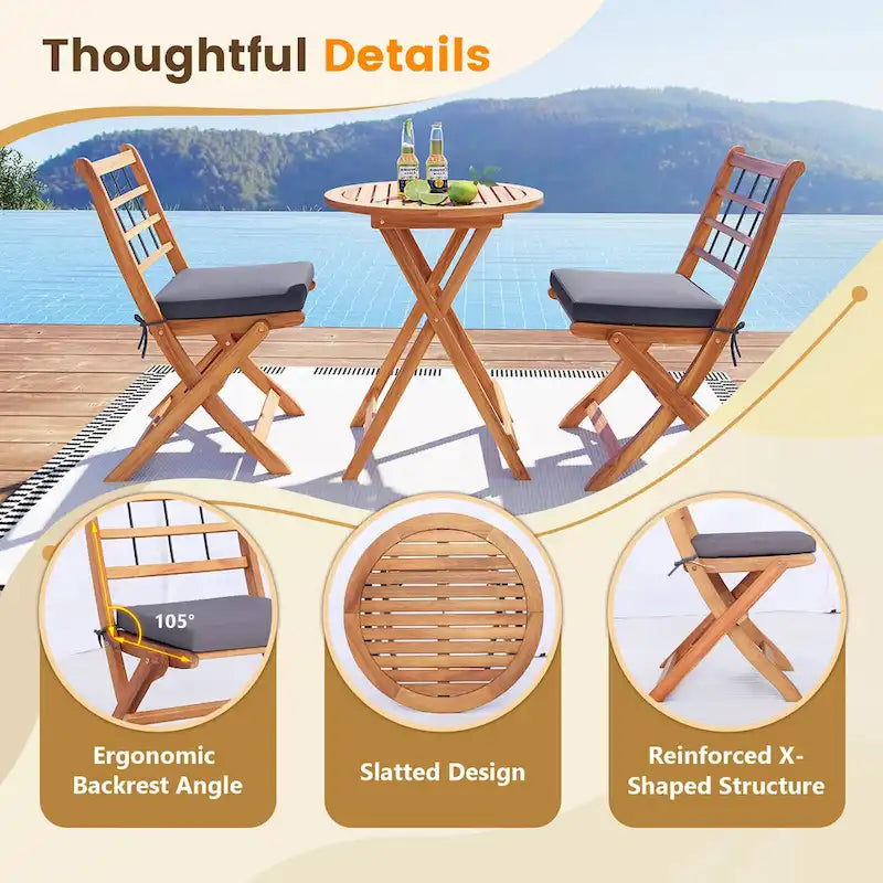 Gymax 3 PCS Acacia Wood Patio Bistro Set Folding Table & Chairs Set w/