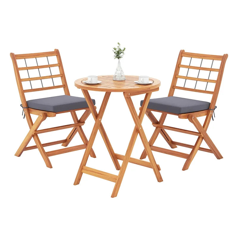 Gymax 3 PCS Acacia Wood Patio Bistro Set Folding Table & Chairs Set w/
