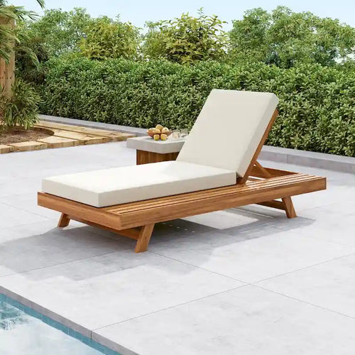 Acacia Wood Lounge Chaise Set with Cream 4 Inch Water Resistant Cushions Dark Grey