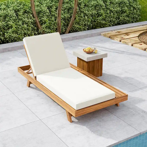 Acacia Wood Lounge Chaise with Cream Water Resistant Cushions Dark Grey