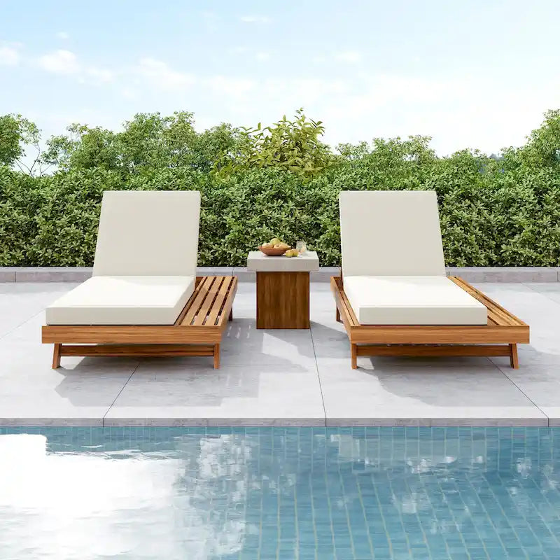 Acacia Wood Lounge Chaise Set with Cream 4 Inch Water Resistant Cushions Dark Grey