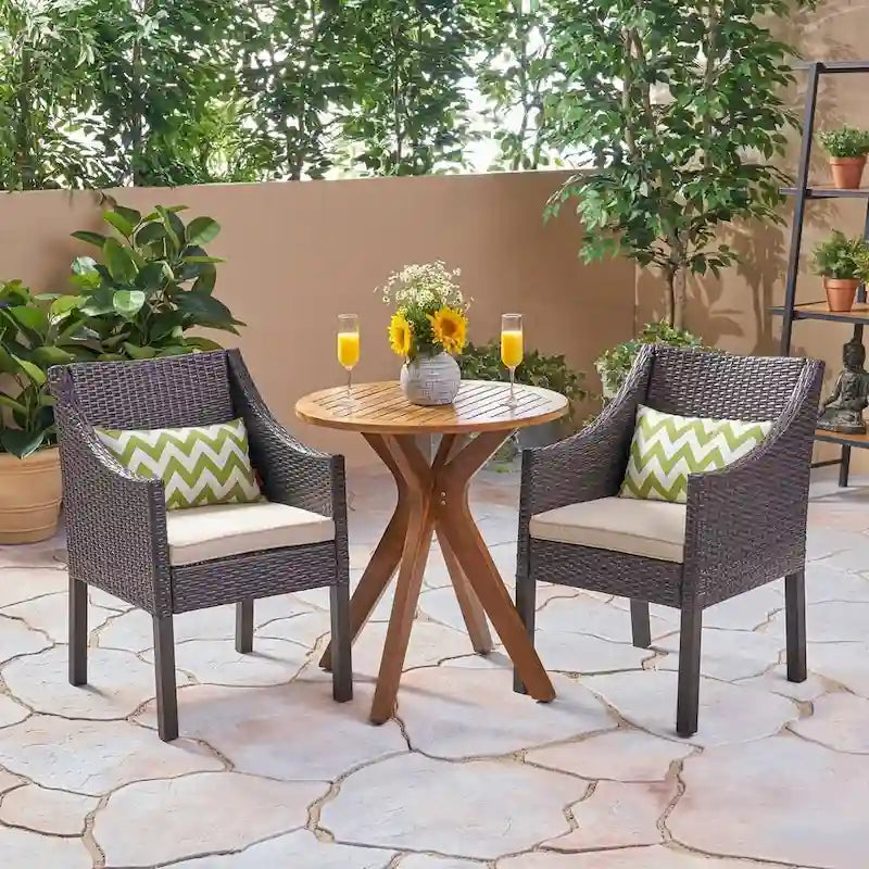 Arrigo Outdoor Acacia Wood and Wicker Bistro