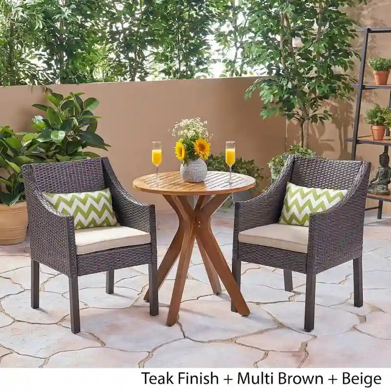 Arrigo Outdoor Acacia Wood and Wicker Bistro