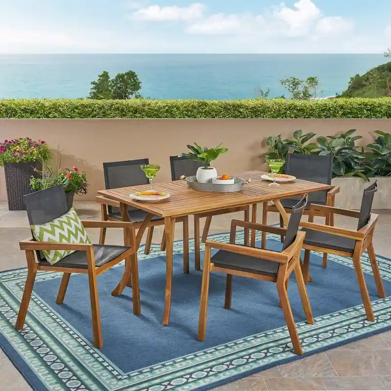 Shanter Outdoor Acacia Wood Dining with Mesh Seats