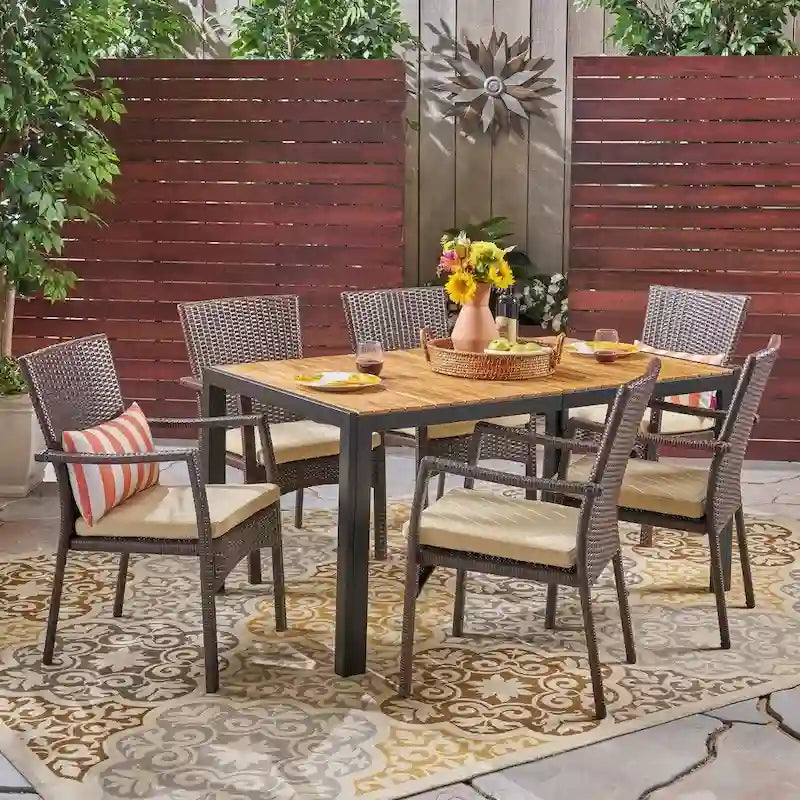 Goodwin Outdoor 6-Seater Rectangular Acacia Wood and Wicker Dining Set by Christopher Knight Home