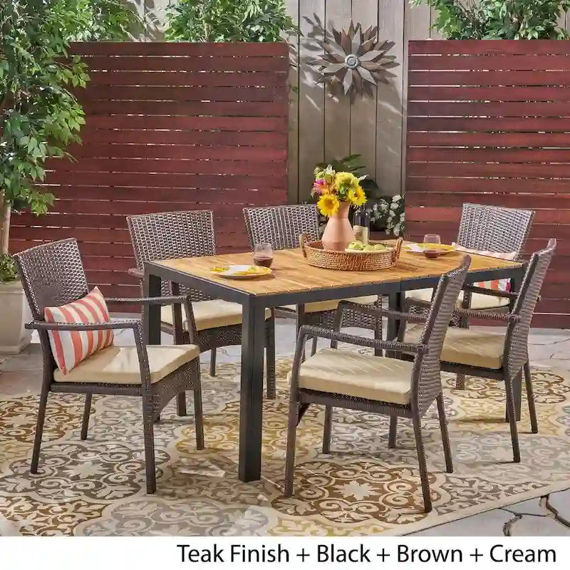 Goodwin Outdoor 6-Seater Rectangular Acacia Wood and Wicker Dining Set by Christopher Knight Home