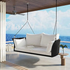2 Person Wicker Hanging Swing Bench, Front Porch Rattan Woven Swing Outdoor Chair with Cushion and Ropes for Backyard, Garden