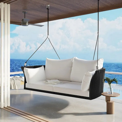 2 Person Wicker Hanging Swing Bench, Front Porch Rattan Woven Swing Outdoor Chair with Cushion and Ropes for Backyard, Garden