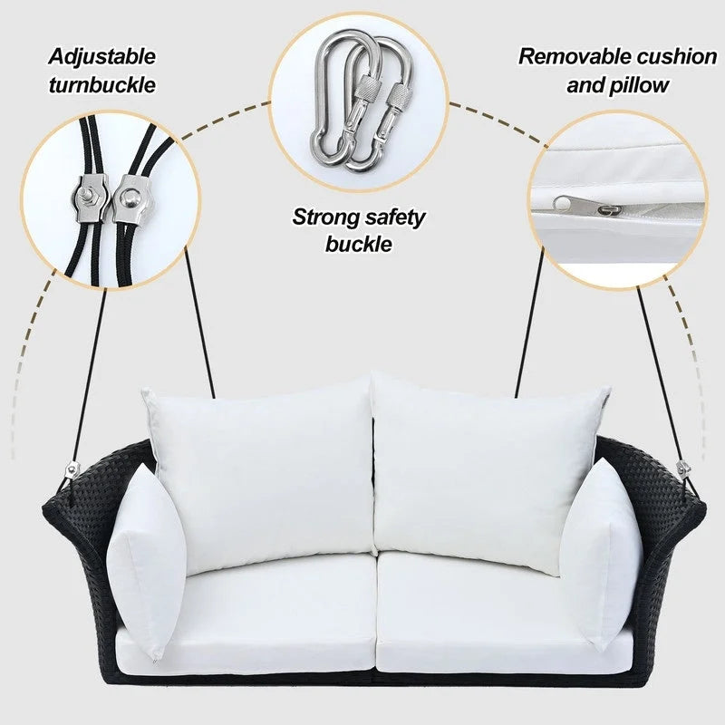 2 Person Wicker Hanging Swing Bench, Front Porch Rattan Woven Swing Outdoor Chair with Cushion and Ropes for Backyard, Garden