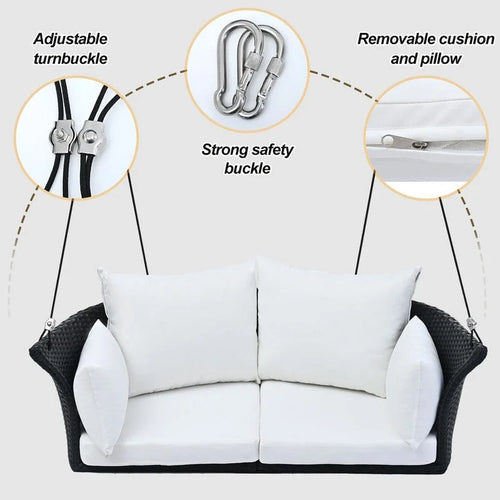 2 Person Wicker Hanging Swing Bench, Front Porch Rattan Woven Swing Outdoor Chair with Cushion and Ropes for Backyard, Garden