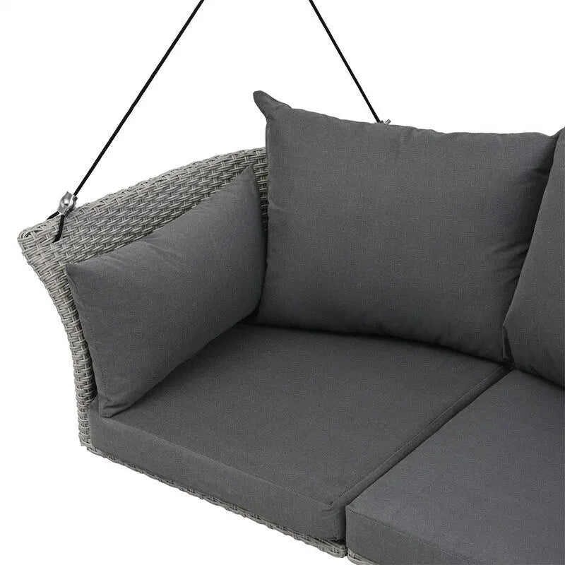 2 Person Wicker Hanging Swing Bench, Front Porch Rattan Woven Swing Outdoor Chair with Cushion and Ropes for Backyard, Garden