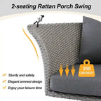 2 Person Wicker Hanging Swing Bench, Front Porch Rattan Woven Swing Outdoor Chair with Cushion and Ropes for Backyard, Garden