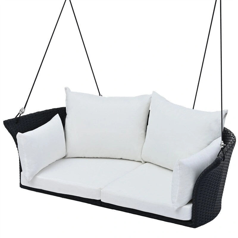 2 Person Wicker Hanging Swing Bench, Front Porch Rattan Woven Swing Outdoor Chair with Cushion and Ropes for Backyard, Garden