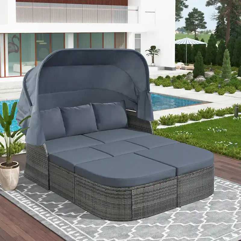 Outdoor Patio Daybed with Retractable Canopy Conversation Set