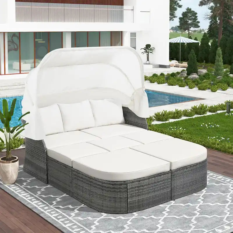 Outdoor Patio Daybed with Retractable Canopy Conversation Set