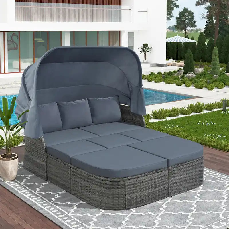 Outdoor Patio Daybed with Retractable Canopy Conversation Set