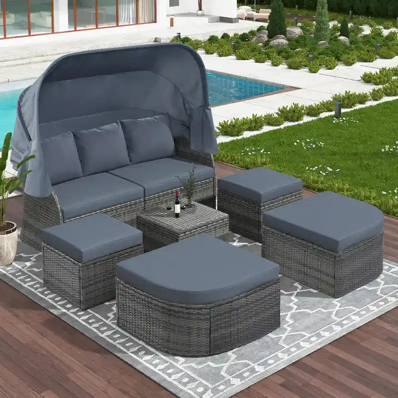 Outdoor Patio Daybed with Retractable Canopy Conversation Set