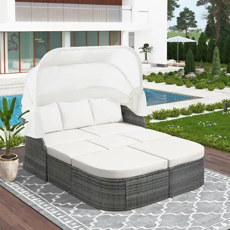 Outdoor Patio Daybed with Retractable Canopy Conversation Set