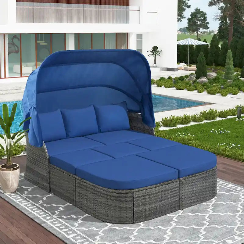 Outdoor Patio Daybed with Retractable Canopy Conversation Set