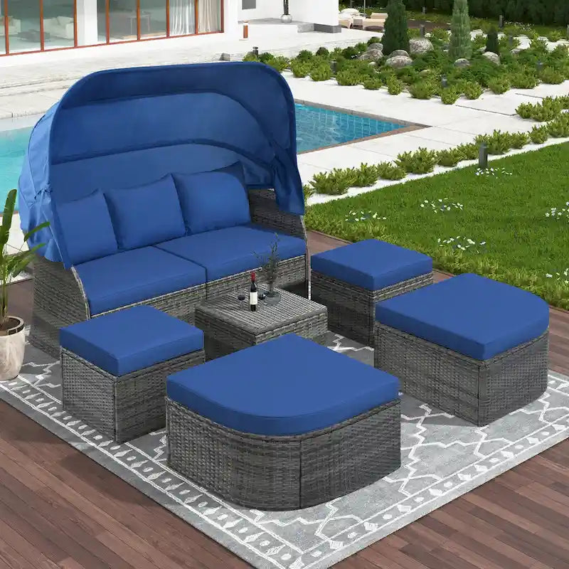 Outdoor Patio Daybed with Retractable Canopy Conversation Set