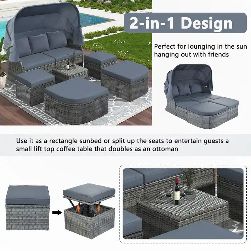 Outdoor Patio Daybed with Retractable Canopy Conversation Set