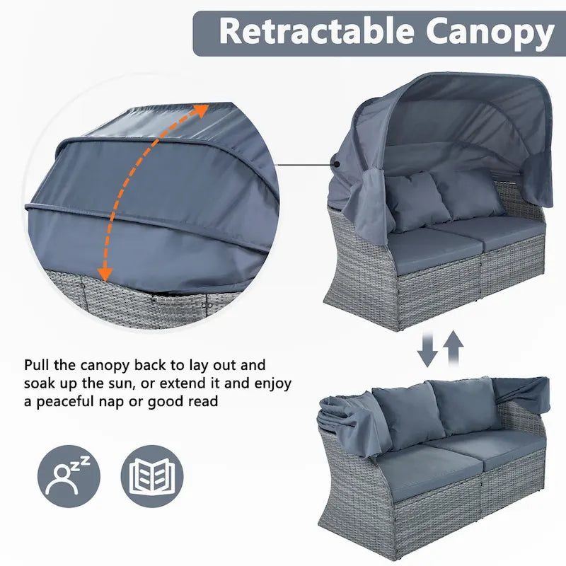 Outdoor Patio Daybed with Retractable Canopy Conversation Set