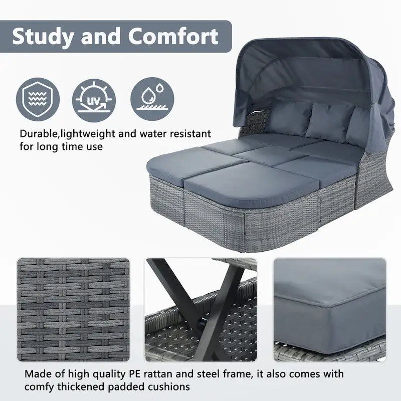 Outdoor Patio Daybed with Retractable Canopy Conversation Set