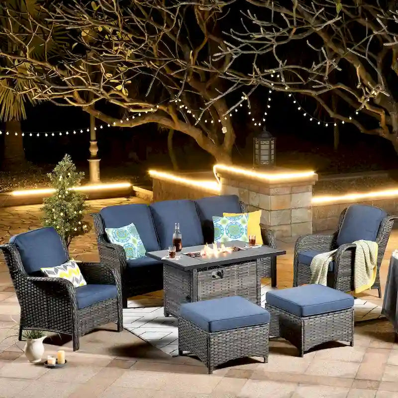 Grey Wicker Patio Furniture With Rectangular Fire Pit