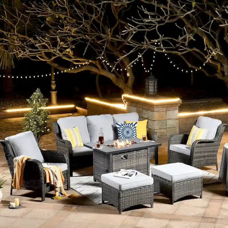Grey Wicker Patio Furniture With Rectangular Fire Pit