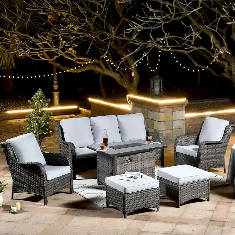 Grey Wicker Patio Furniture With Rectangular Fire Pit