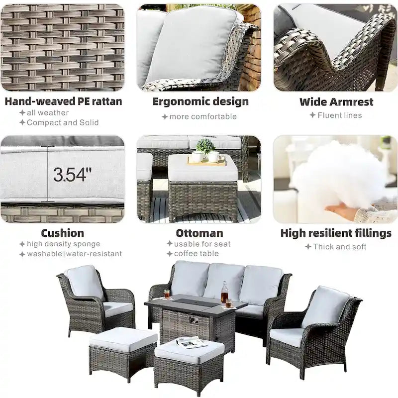 Grey Wicker Patio Furniture With Rectangular Fire Pit