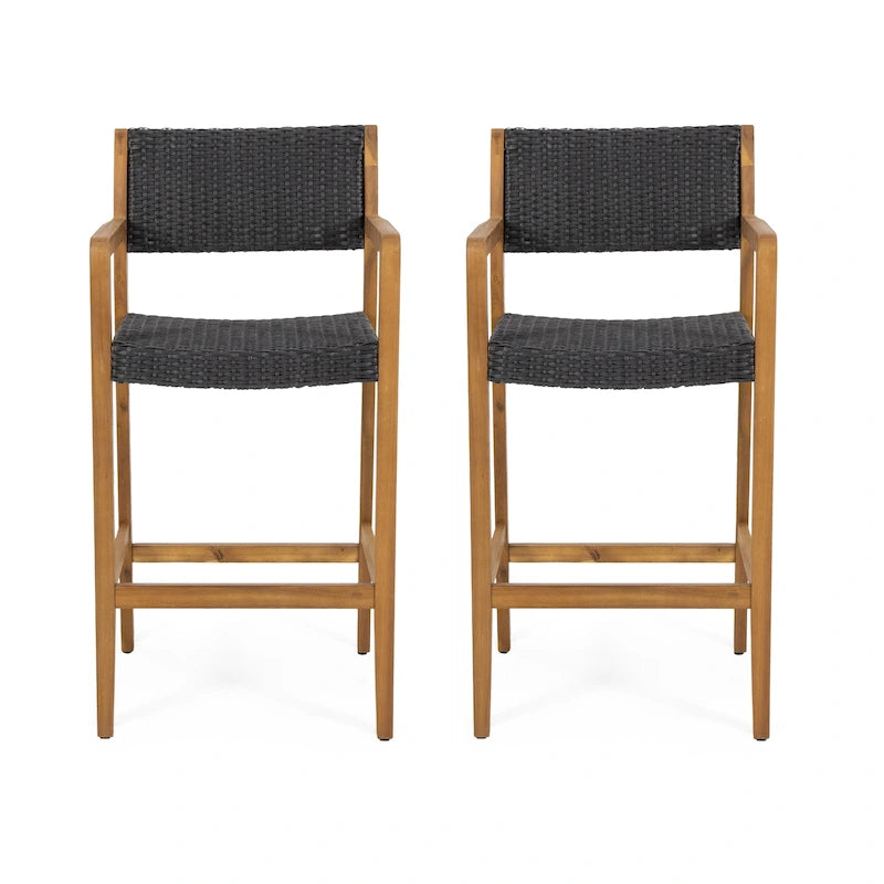 Genesee Outdoor Acacia Wood Barstools with Wicker (Set of 2) by Christopher Knight Home