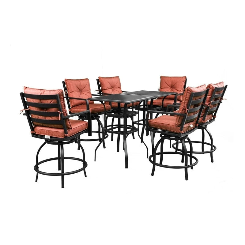 Outdoor Patio Dining Rectangular Aluminum Table with Umbrella Hole and Rattan Chair