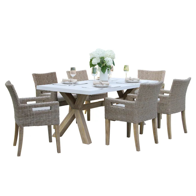 Cordelia 7-Piece Ivory Composite, Wheat Wicker and Eucalyptus Wash Rectangle Dining Set