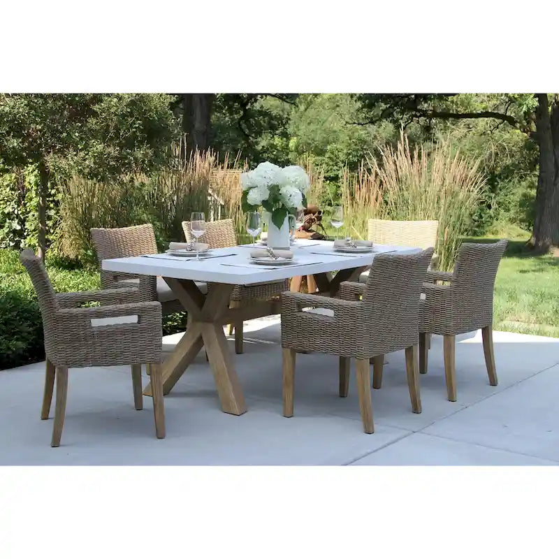 Cordelia 7-Piece Ivory Composite, Wheat Wicker and Eucalyptus Wash Rectangle Dining Set