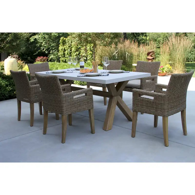 Cordelia 7-Piece Ivory Composite, Wheat Wicker and Eucalyptus Wash Rectangle Dining Set