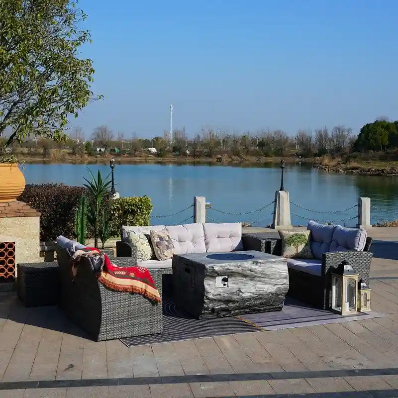 7-Piece Patio Wicker Conversation Sofa Set with Fire Pit Table