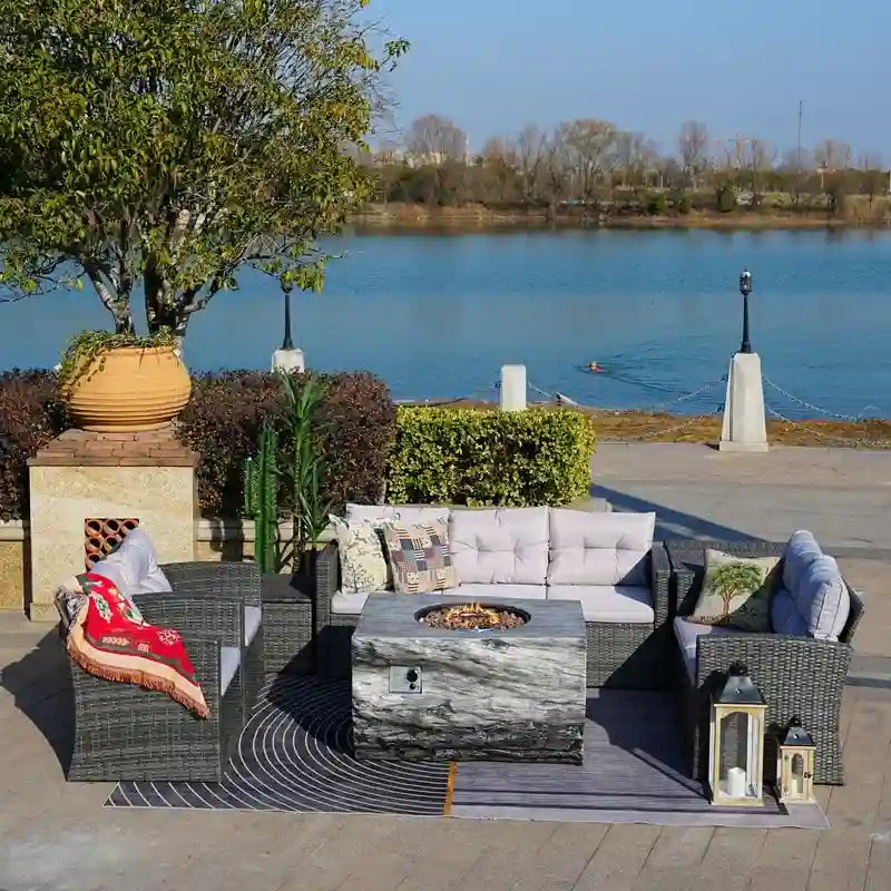 7-Piece Patio Wicker Conversation Sofa Set with Fire Pit Table