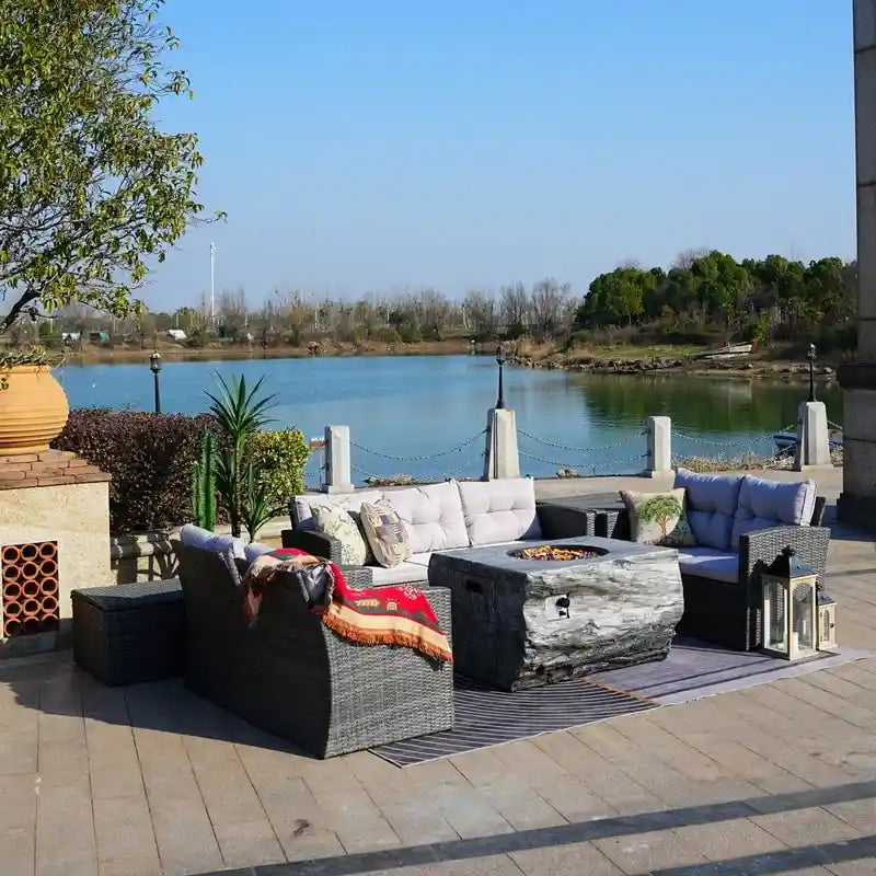 7-Piece Patio Wicker Conversation Sofa Set with Fire Pit Table