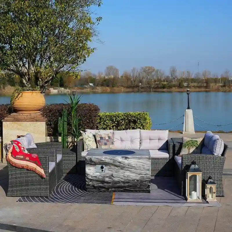 7-Piece Patio Wicker Conversation Sofa Set with Fire Pit Table