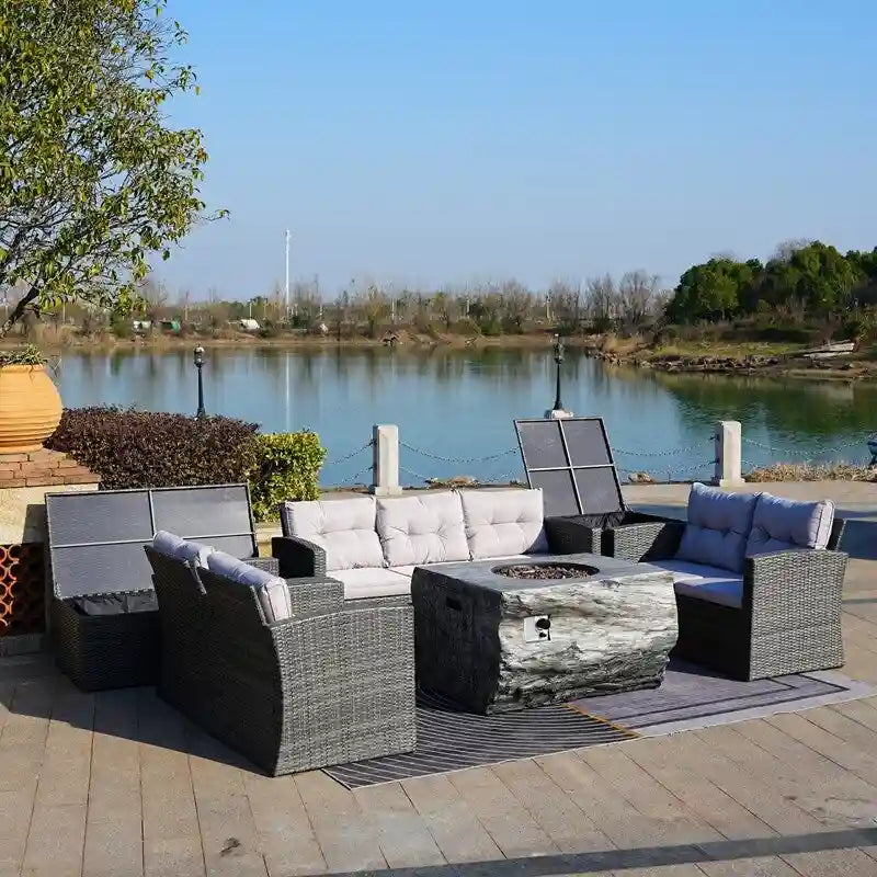 7-Piece Patio Wicker Conversation Sofa Set with Fire Pit Table