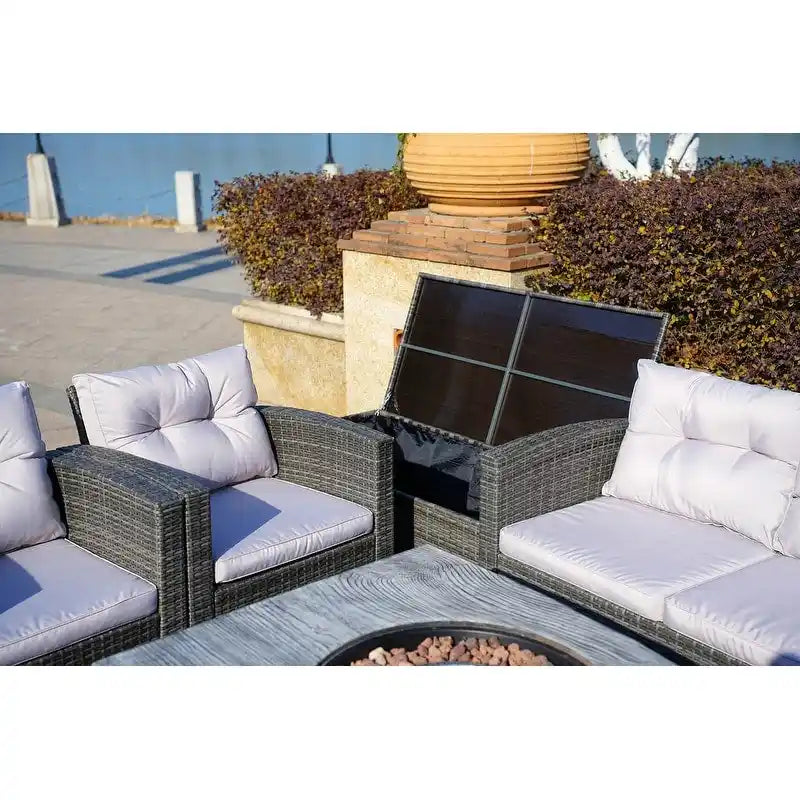 Patio Wicker Conversation Sofa with Fire Pit Table