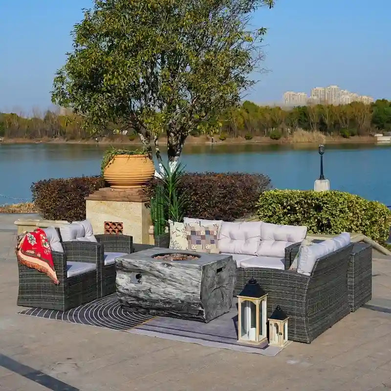 Patio Wicker Conversation Sofa with Fire Pit Table