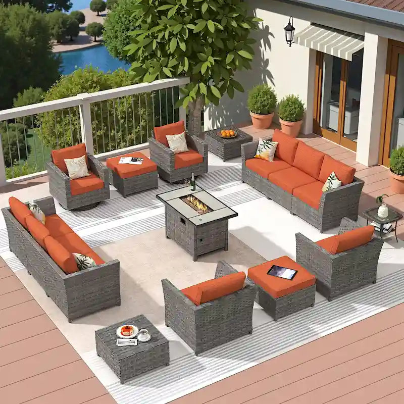 HOOOWOOO 16-piece Grey Rattan Outdoor Furniture Sectional Sofa Set Fire Pit Set with Swivel Chairs