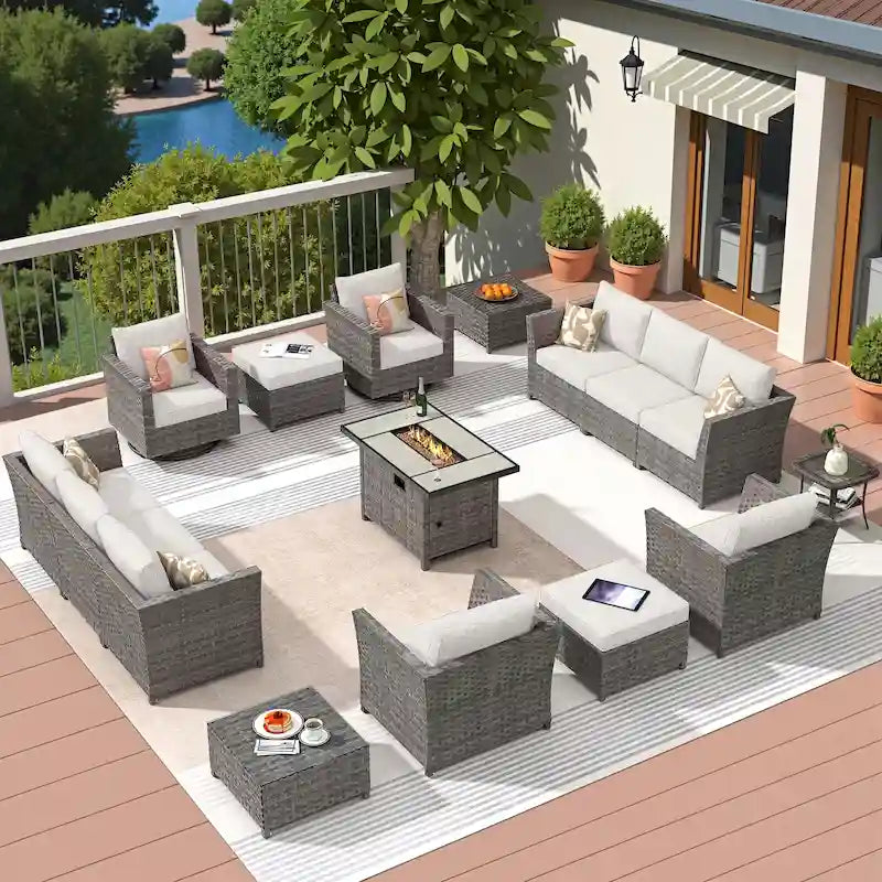 HOOOWOOO 16-piece Grey Rattan Outdoor Furniture Sectional Sofa Set Fire Pit Set with Swivel Chairs
