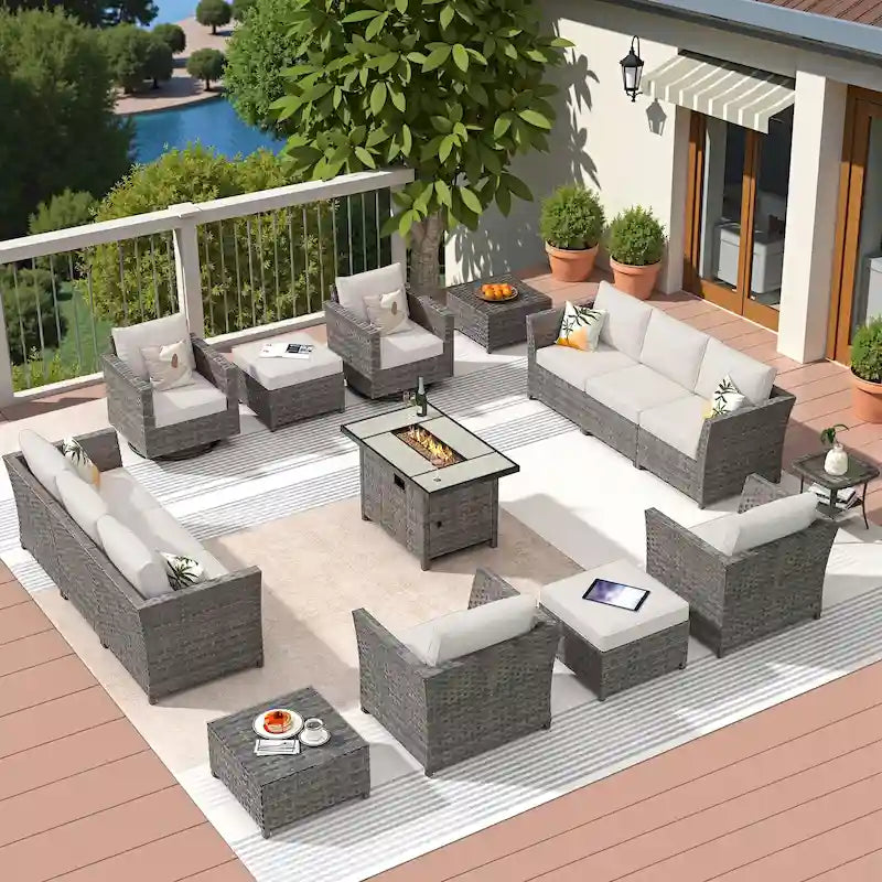 HOOOWOOO 16-piece Grey Rattan Outdoor Furniture Sectional Sofa Set Fire Pit Set with Swivel Chairs