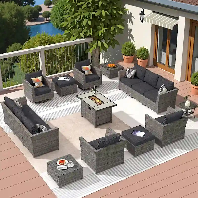 HOOOWOOO 16-piece Grey Rattan Outdoor Furniture Sectional Sofa Set Fire Pit Set with Swivel Chairs