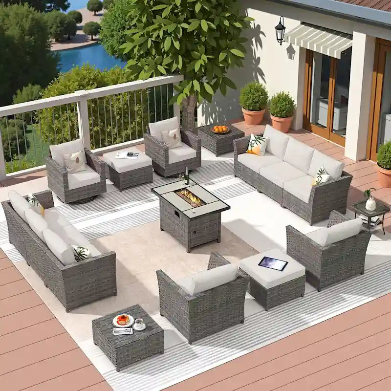 HOOOWOOO 16-piece Grey Rattan Outdoor Furniture Sectional Sofa Set Fire Pit Set with Swivel Chairs