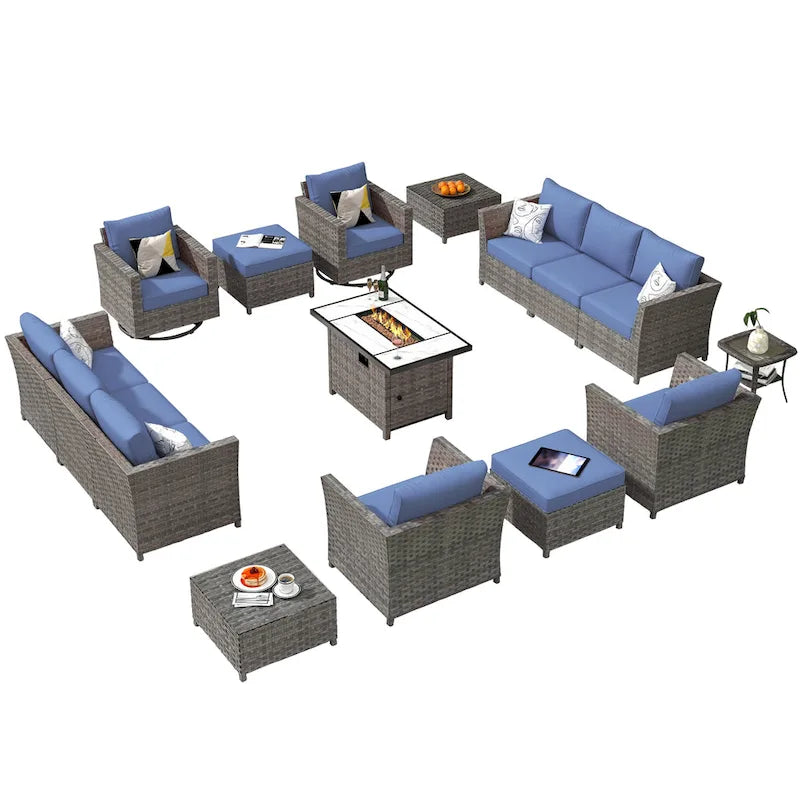 HOOOWOOO 16-piece Grey Rattan Outdoor Furniture Sectional Sofa Set Fire Pit Set with Swivel Chairs