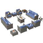 HOOOWOOO 16-piece Grey Rattan Outdoor Furniture Sectional Sofa Set Fire Pit Set with Swivel Chairs